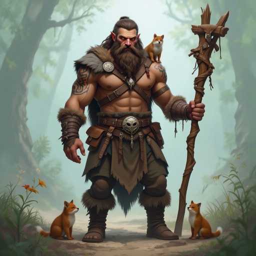Kael the Beastbound – A rugged, broad-shouldered man with brown skin and a rough beard, wearing armor made from bone and leather. deep green eyes tattoos of animal tracks spiral down his arms. He carries a massive wooden staff carved with the shapes of beasts, and small creatures often perch on his shoulders or follow at his feet.