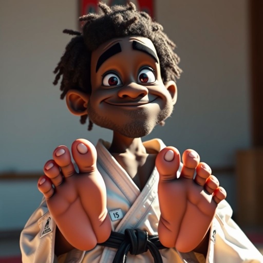 Create a character who looks like a funny African karate guy who doesn’t have a clue what he is doing. Make him have weird toes, only speedos on and a black karate belt.