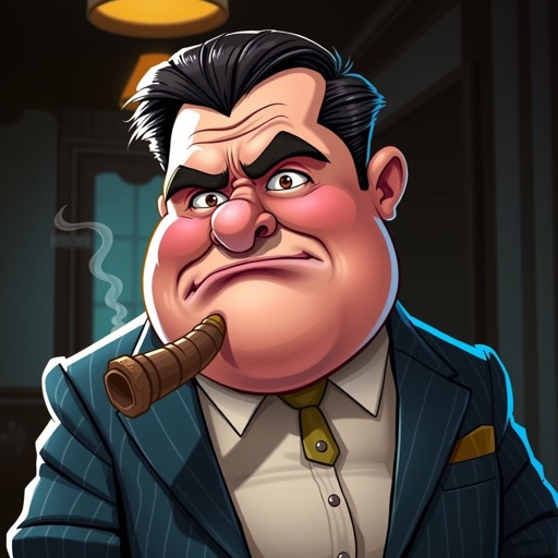 Create a fat funny looking guy who looks like a mobster make him angry but funny 