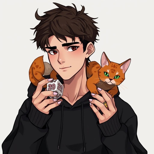 A guy with dark brown hair who holds epic looking dices normal size with 20 sides in one hand, he wears a black hoodie and he has 1 orange cat with pretty design at his shoulder, and has a small smile, his nails are not painted