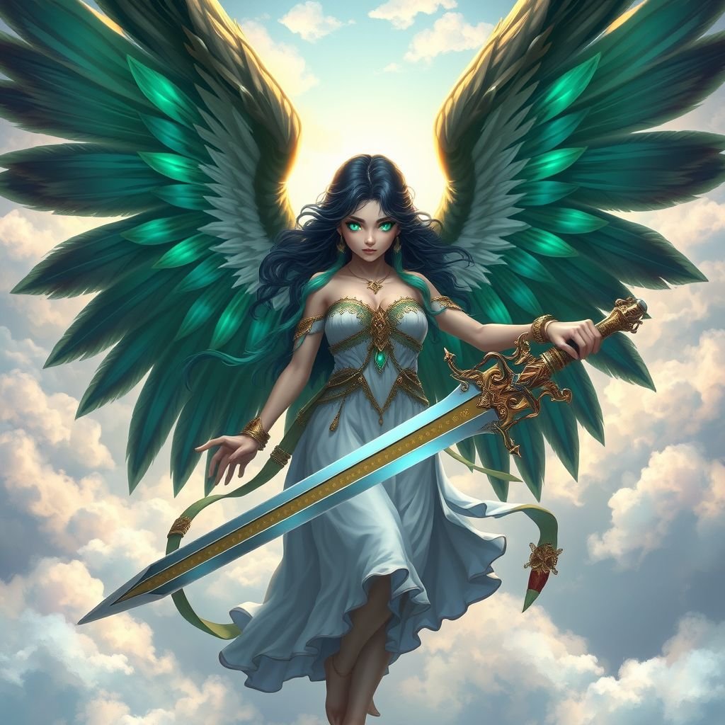 A teenage girl. Pale skin, glowing emerald eyes, angelic wings and Greek goddess clothing. Hair as black as coal with cyan tips holding a legendary sword flying above the clouds