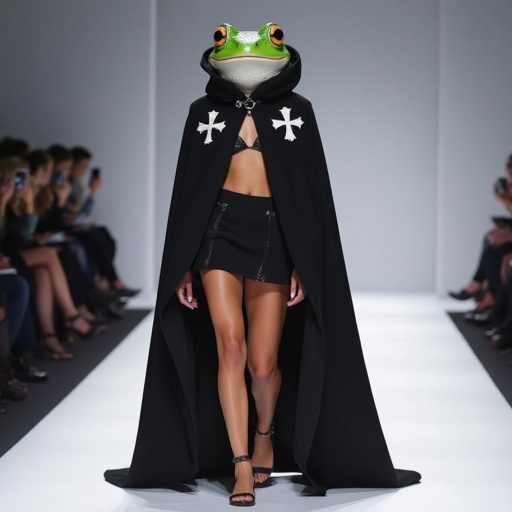 Frog head on a woman’s body. Shes wearing a black cloak, a white cross is stitched onto each shoulder
