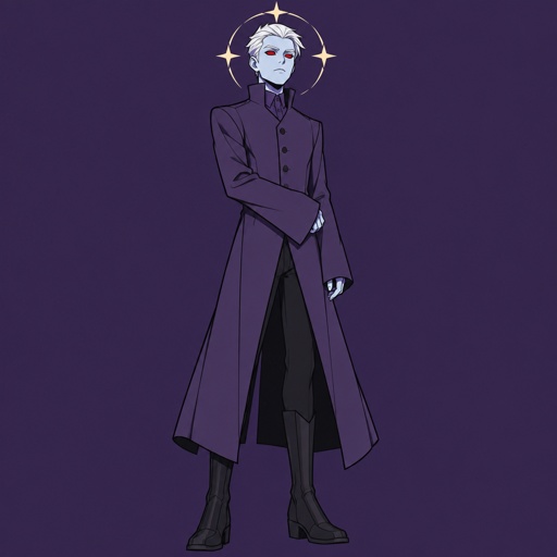 Male, short silver brushed back hair pointy, light blue skin, completely red eyes, halo of four point stars around head, purple long coat buttoned up, purple shirt and collar, sleeves over palms, tall boots, black pants