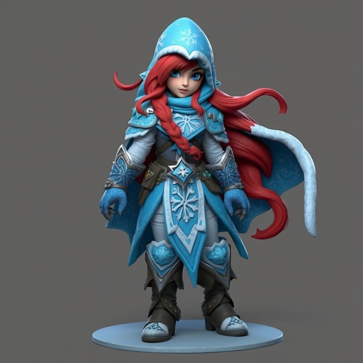 Create a battle woman hero called Alvara the Frostheart. Show full body head to toe including shoes