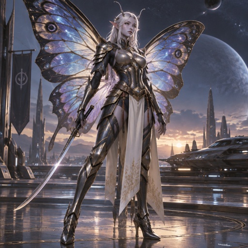 A gorgeous alien butterfly woman in a futuristic space samurai armor. Show whole body. 