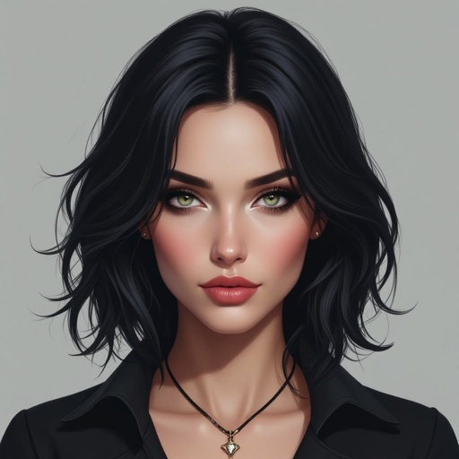 Show character head to toe. Create a mid age fantasy woman jet-black hair is cut sharpand her eyes seem to pierce through darkness. A shadowy aura clings to her form,