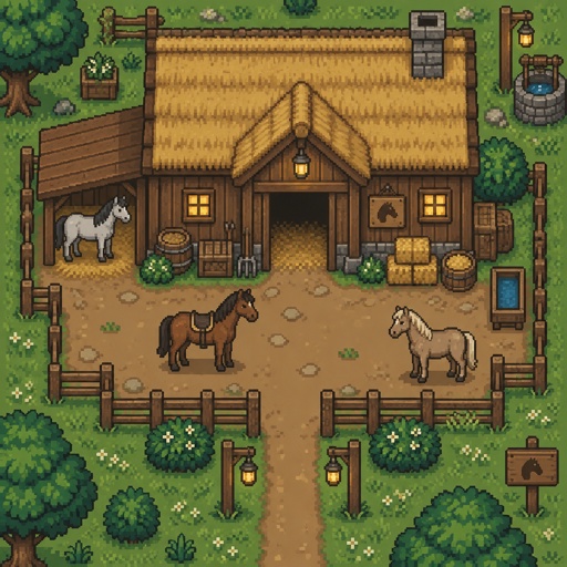 cozy stable for a modern fantasy game, exterior, top down style