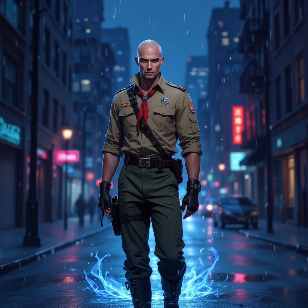 Męzczyzna przeciętny pod każdym względem. Ciemne oczy. Łysy.
Ubrany w mundur harcerski