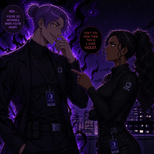 Anime style, Agent Ward a male, made in a secret lab to be best weapon and good at everything, highly skilled, be kept in check,emergency backup case he gets out of control, his hair messy bun color violet, clean shaven, yellow night vision eyes, sharp teeth,dark power energy from experiment,tired, tall, eyes sensitive to light, dangerous,intimidating, laugh like a maniac,cares about partner ruby rose she’s dark skin serious plays by rules firm,them standing together ruby arguing to wards "stop being intimidating you're going to our suspect a hart attack!" Ward says "job goes faster" starts giggling,ruby warn ward “ if you can’t take this seriously I’ll have to have you go in your room” ward sad expression says“i don’t want that” ruby “ok let’s do this I have somewhere to be ”