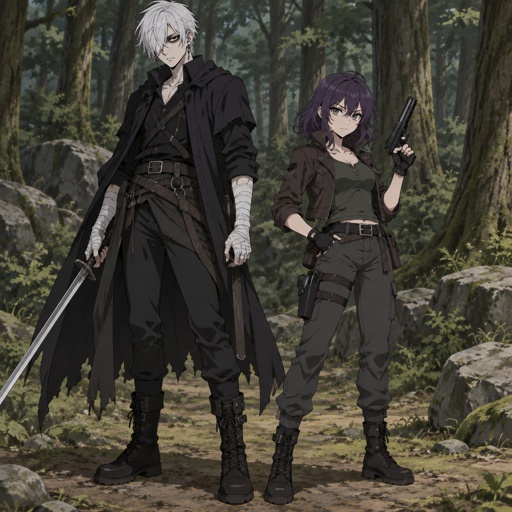 Anime style, male, name kai, highly skilled in fighting all fighting styles and weapons, long white hair half in face, dark bags,white skin,earrings, history unknown, Female, name is Beth,medium wavy dark purple hair, gray eyes, short, open jacket with a dark green shirt, she is a Bounty Hunter for hire,agency hired Beth to get Kai,Beth and Kai in woods