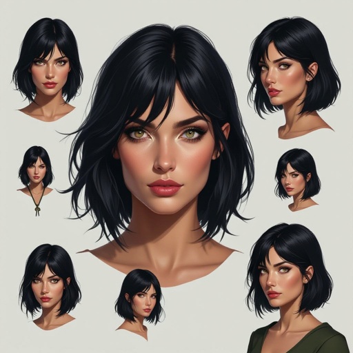 Show character head to toe. Create a mid age fantasy woman jet-black hair is cut sharpand her eyes seem to pierce through darkness. A shadowy aura clings to her form,