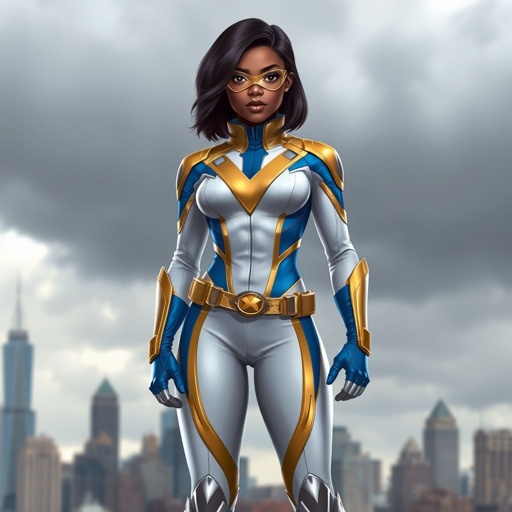 A teenage African American female superhero with hair in a shoulder length side part style wearing a mask wearing a partially leather white and Gold suit with blue accents and a stylized V as her chest emblem a utility belt and silver boots standing in Philadelphia during a cloudy day