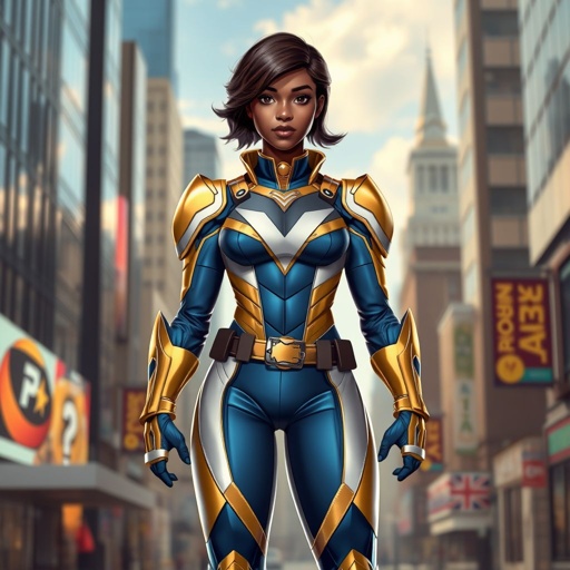 A teenage African American female superhero with slightly curly hair in a shoulder length side part style wearing a polyester armored gold and blue suit with white accents and a stylized V as her chest emblem a utility belt and gold boots standing in Philadelphia