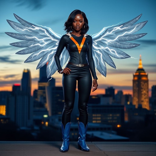 African American female superhero with shoulder length hair in a side part style and wings made of white lightning wearing a domino mask wearing a slightly homemade white blue and black suit with black pants with a stylized V as her chest emblem wearing blue flat boots made of gold standing in Philadelphia at dusk