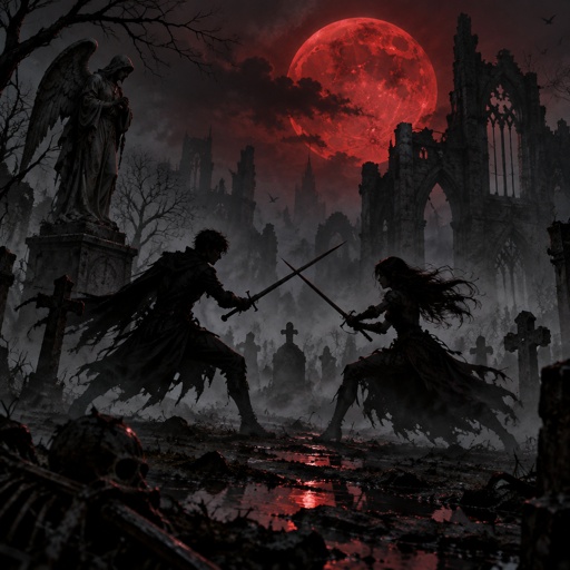 Silhouettes of a boy and girl sword fighting. 