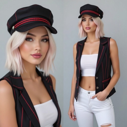 Pretty blonde and pink hair in a Bob Haircut wearing a stylish black cap with red band and small red stripes  she wears a matching open black and red vest and a low cut white  tube top and white torn skinny jeans