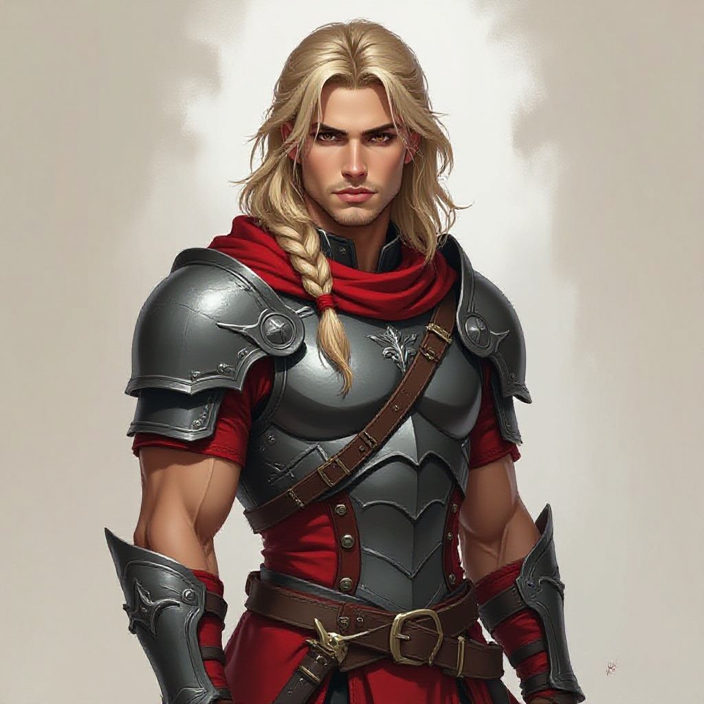 Dark blonde hair. Dark eyes. Tan skin. Strong build. Wearing a red and grey.