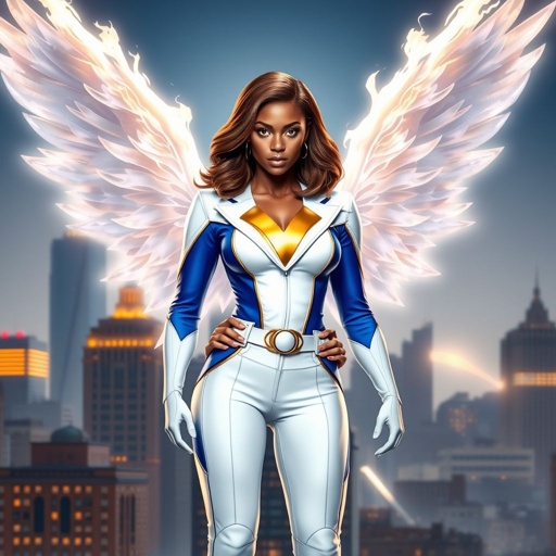 African American female superhero with brown hair with gold highlights in a shoulder length side part hairstyle with pure Gold Glowing eyes wearing a white suit with gold and royal blue  with white pants and gold and white knee length boots with a utility belt with a gold V  as her chest emblem with glowing  wings made of white fire in Philadelphia 