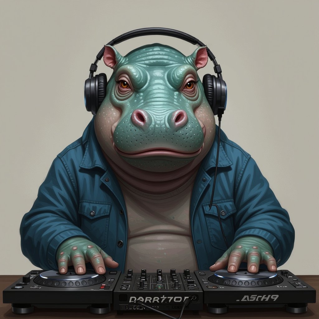 Create a funny looking monster dressed like a dj kinda with hippo monster face