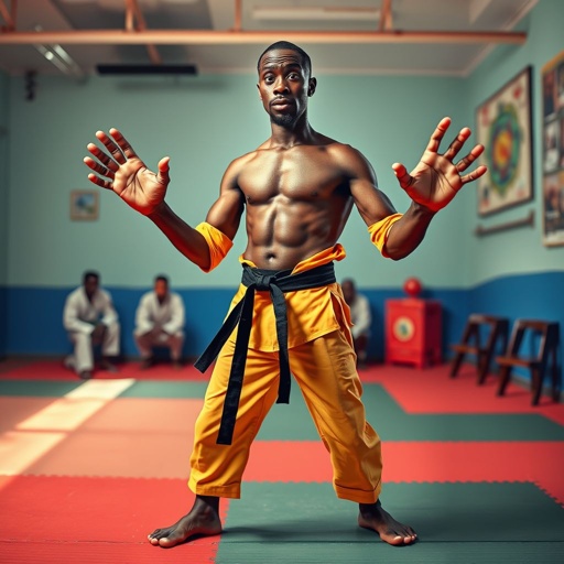 Create a character who looks like a funny African karate guy who doesn’t have a clue what he is doing. Make him have weird toes, only speedos on and a black karate belt. Make him tal skinny and slinky.