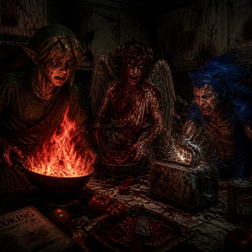 Super smash brothers link from legend of Zelda, pit from kid Icarus, and sonic the hedgehog as a human, in the kitchen trying to make dinner, link accidentally caught the pan on fire, pit spilled tomato sauce on himself and sonic got his had stuck in the toaster
