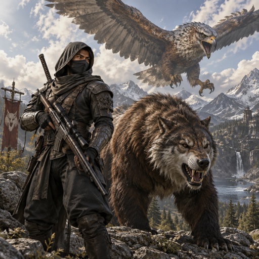 A ninja hunter, with rifle beside a half wolf/ half grizzly. Background giant vicious half eagle / half falcon in air