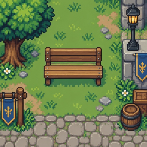 Wooden Bench for a modern fantasy game, exterior, top down style, shading and highlights