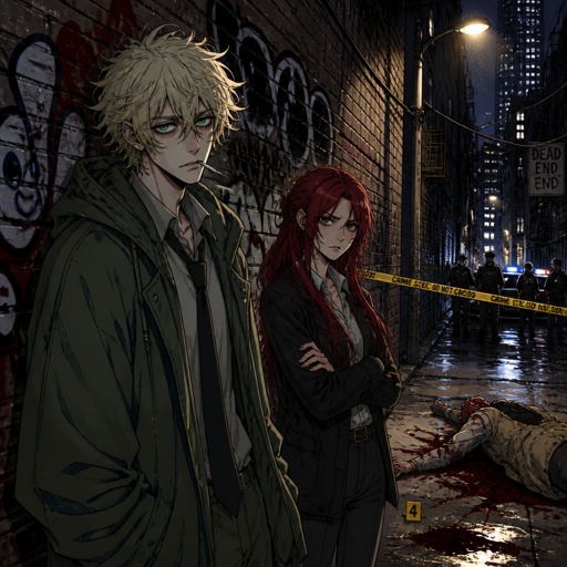 Anime style Male great detective takes his job real seriously really good at it mid 20s medium really crazy light blonde hair, tall thin, tied, clean shaven, strange green eyes wearing baggy loose mossy green jacket tired face, partner, long red hair brown eyes looking annoyed and concerned for him, trying take case seriously,very gruesome seen, person unknown, detective will do whatever he can, parent and him get into arguments usually partner will say "you really need some rest you can barely stand and your speaking trails off, how do you expect to finish this case with the little sleep and food you get" detective reply" all I need is some coffee, I can survive I don't plan on resting till I get to the bottom of this, worrying never helps"as he yawns, partners says back "ugh! your really stubborn, looks like I'm going to have to catch you again when you pass out"as a comic