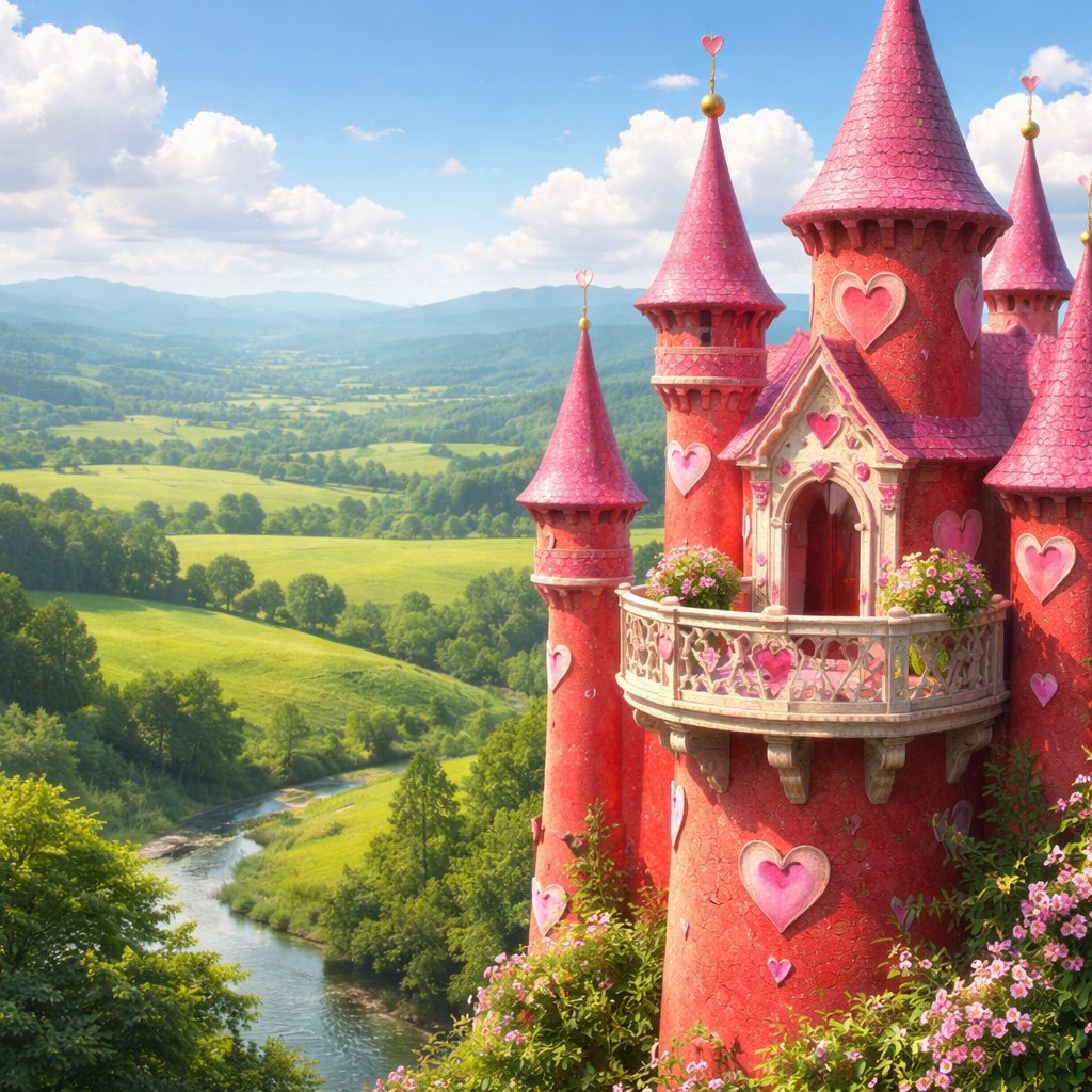 A red castle with hearts on with a balcony