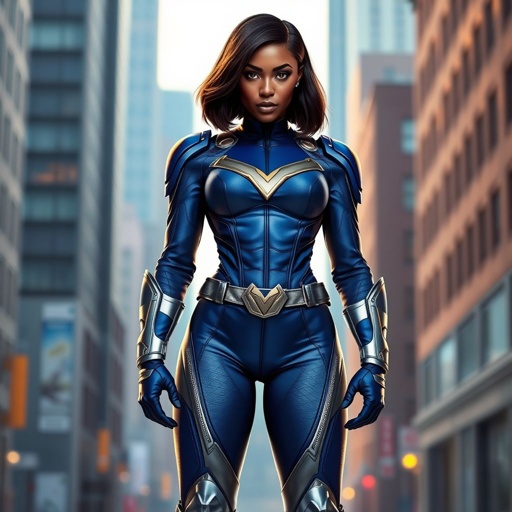 African American female superhero with hair in a shoulder length side part hairstyle with pure Gold Glowing eyes wearing slightly armored royal blue and silver accented suit with royal blue pants and silver knee length boots with a utility belt with a gold V as her chest emblem in Philadelphia