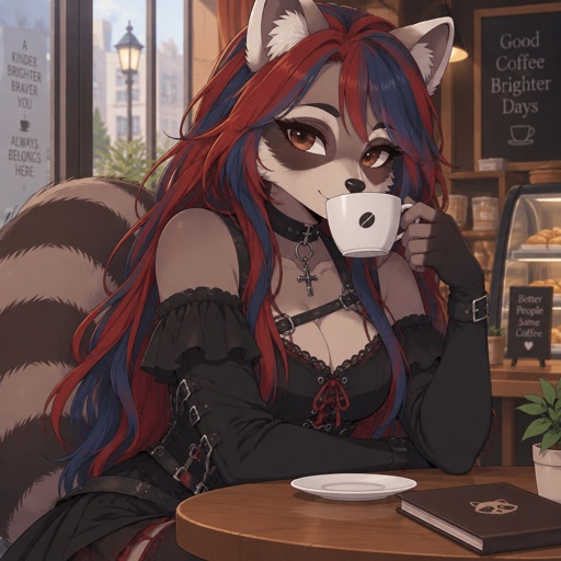 Raccoon female furry, beautiful, long waist length red and blue hair, brown eyes, gothic outfit, sitting at coffee shop, drinking coffee