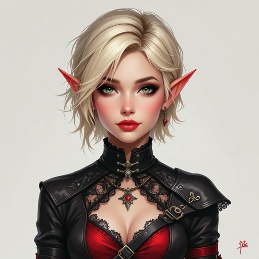 Blonde pixie cut Female High Elf Assassin in Black and Red Shear Lace & Leathers and Skirt full body