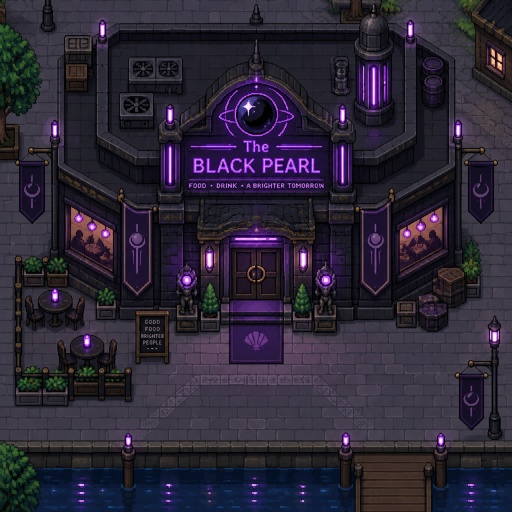 Restaurant called the black pearl for a futuristic fantasy city game, exterior, top down style