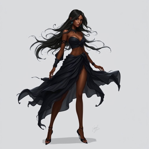 Create character hero Veyra of Shadows – A lithe, mysterious brown complexion woman draped in layered black silks that move like smoke around her. With jet-black hair. Show her whole body head to toe including her shoes.