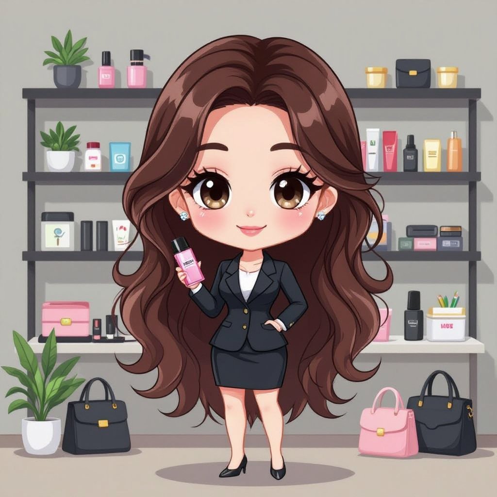 Create a business owner character showing there whole body head to toe, a lady who loves beauty products  