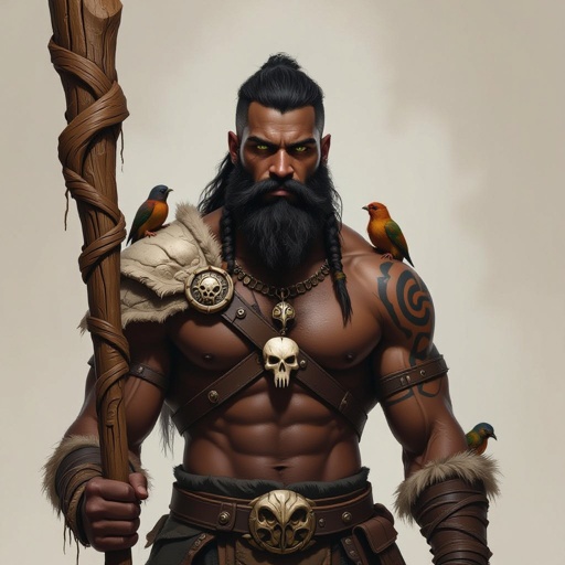 Kael the Beastbound – A rugged, broad-shouldered man with black skin and a rough beard, wearing armor made from bone and leather. deep green eyes tattoos of animal tracks spiral down his arms. He carries a massive wooden staff carved with the shapes of beasts, and small creatures often perch on his shoulders or follow at his feet.