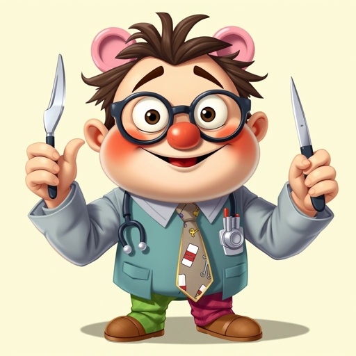 create a doctor, named doctor p Pom. Who is funny looking from head to toe. And he always says immediately results to surgery for anything even small things. So please be sure to show his whole outfit head to toe.