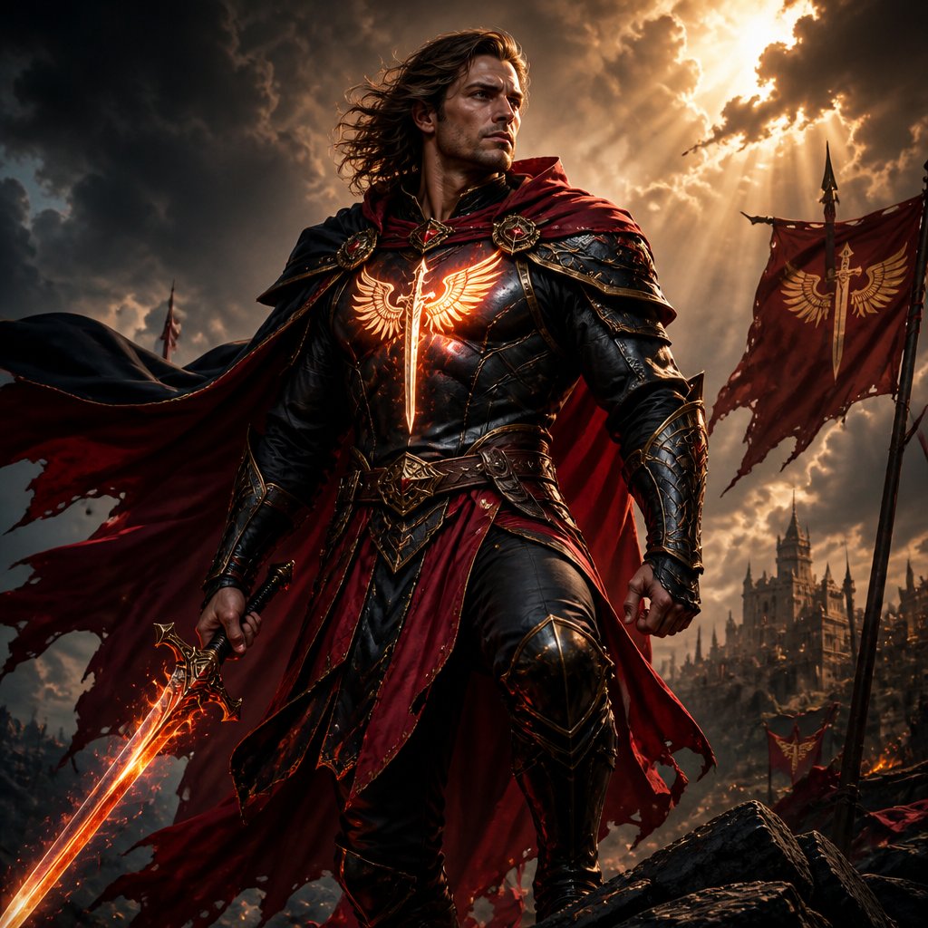 Superhero with black and red mixed costume with cape. Mid long hairs not long and white man with symbol of sky warden on his chest