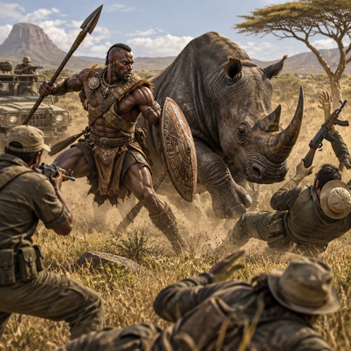 Black Rhino, muscular warrior fighting against poachers, hunters to stop extinction.