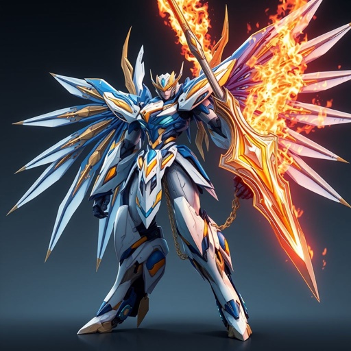 A blue white and gold feminine built mech with a giant flaming sword and metal wings