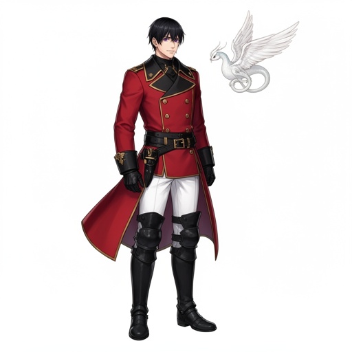 DnD, adult human man, in his 20s, taller, longer legs, black short hair, purple eyes, white pants, black boots, black armor, red double breasted greatcoat, gold buttons, black belts,
tiny elegant white winged snake flying next to him