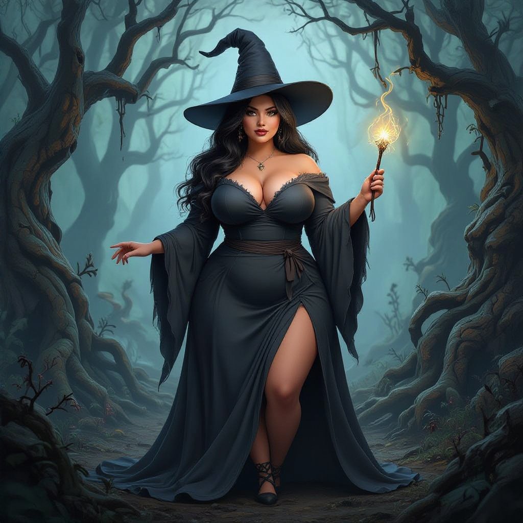 A full body portrait of a curvey plus size witch with long hair and a very dark graywitch hat that matches with her dress, with a small wand in her hand, standing in a rotting forest