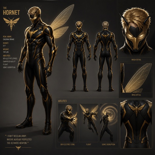 Male super Villian with a suit that has hornet abilities, mask ,blonde,