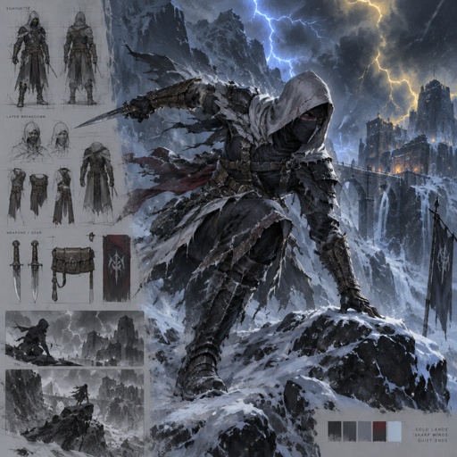 assassin in a ice land with thunder storm