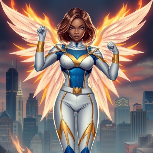 A teenage African American female superhero with brown hair with gold highlights in a shoulder length side part hairstyle with pure Gold Glowing eyes wearing a white suit with gold and royal blue with white pants and gold and white knee length boots with a utility belt with a gold V as her chest emblem with glowing wings made of white fire in Philadelphia