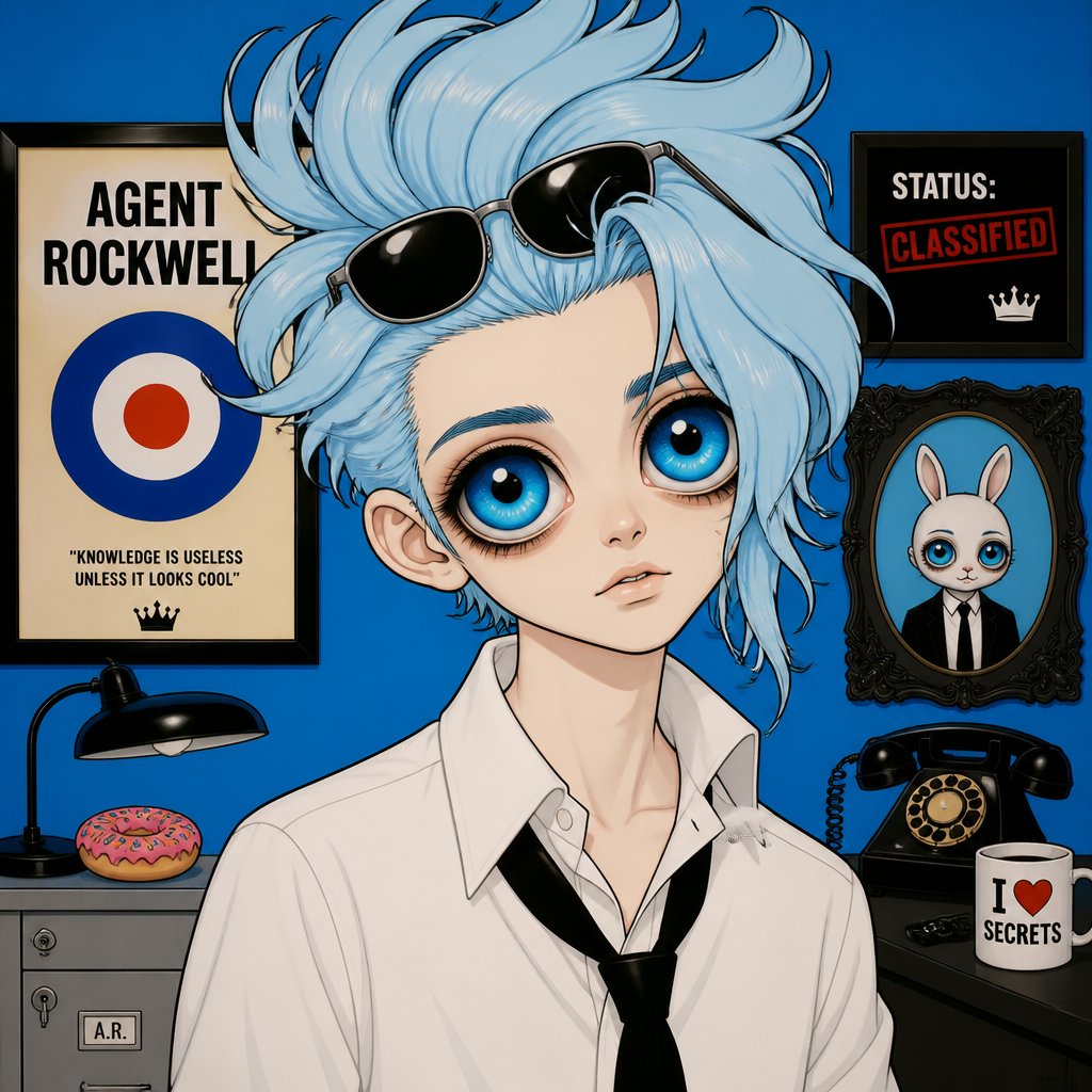 Anime Agent Rockwell very poof up messy hair half side longer and drooped down hair is a light blue skin color white,very bright blue eyes,wears a suit tie is loose,he doesn't wear his jacket his collar to his shirt is uneven sunglasses on his head He's know for his mischievous and reckless behavior but takes missions very seriously is one of the best agents they have Ren is Rockwell's partner is very serious and organized opposite of Rockwell, get very annoyed at Rockwell's behavior they tend to argue with each other but Rockwell is more of having fun