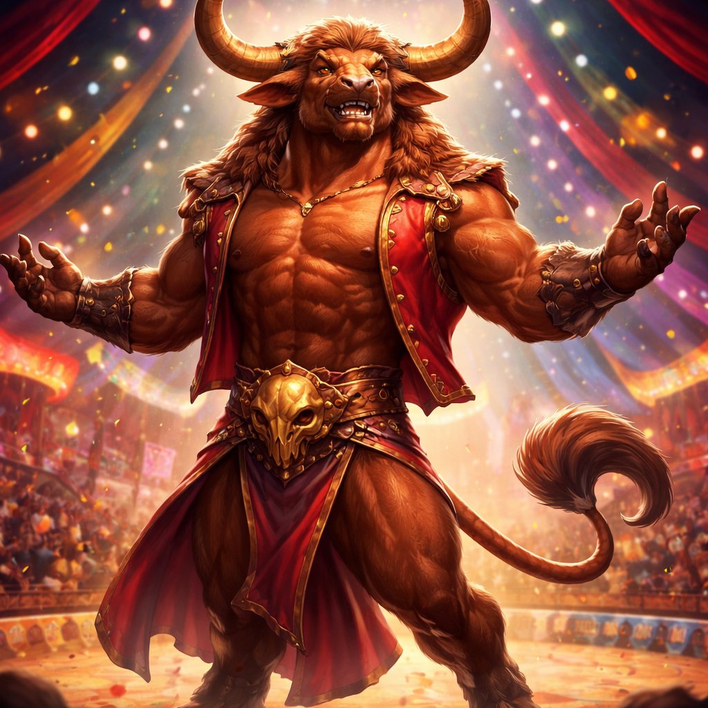 A male chestnut brown Minotaur with cattle like brown eyes, large powerful gleaming horns like his fathers, a well~proportioned figure/body at lest 6 foot tall, long tail. He works at freak show as the ringmaster.
