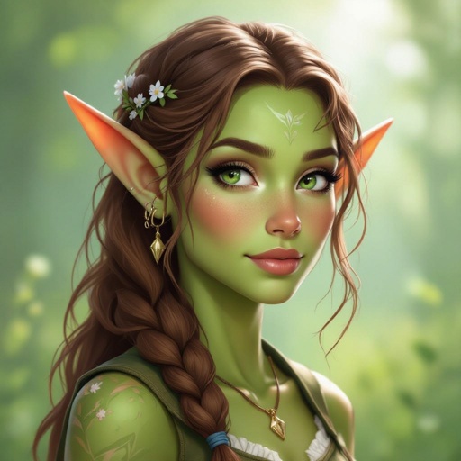 Female elf with light meadow green skin and brown hair 