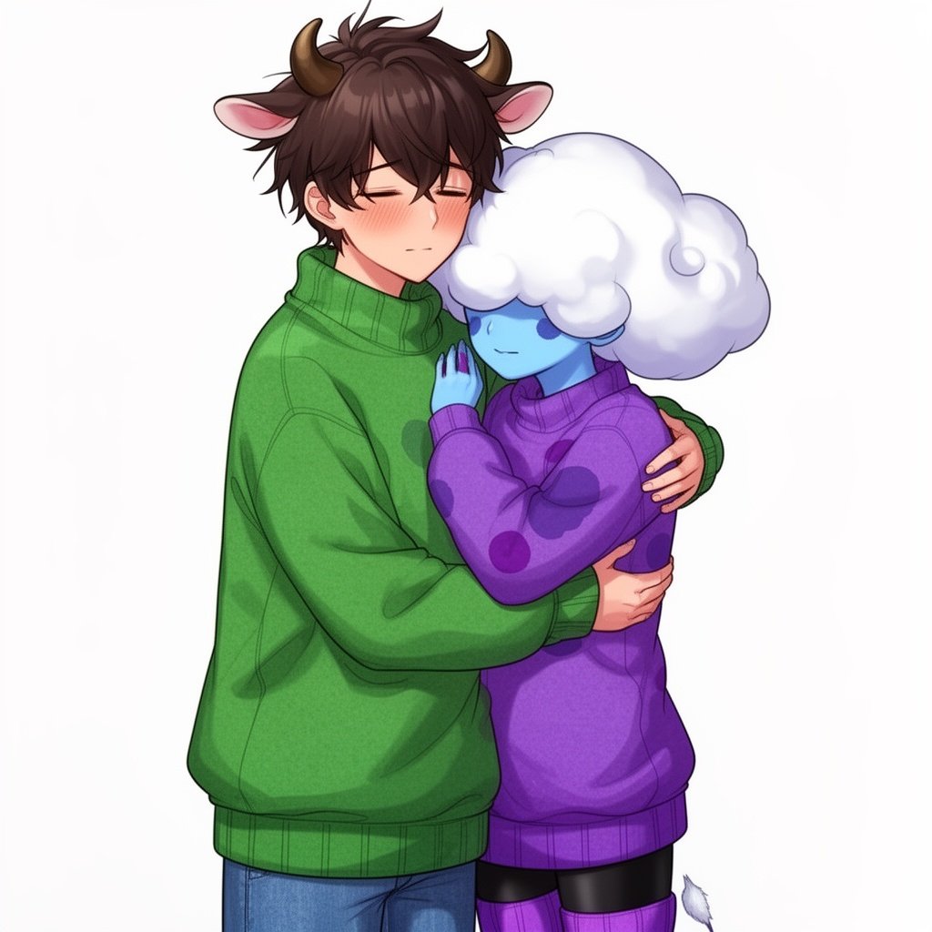 Two characters hugging wearing matching sweaters. The boy has a green one and the girl has a purple one. The boy has dark brown hair, small horns and cute cow ears. He is a little taller than the girl and usually has a blank expression but blushes around her( he is also wearing jeans) the girl is wearing a matching purple sweater ( both are oversized) , her skin is blue with purple patches and she has a soft cloud shaped poof of white hair that covers her eyes. She is also wearing black leggings and purple leg warmers 