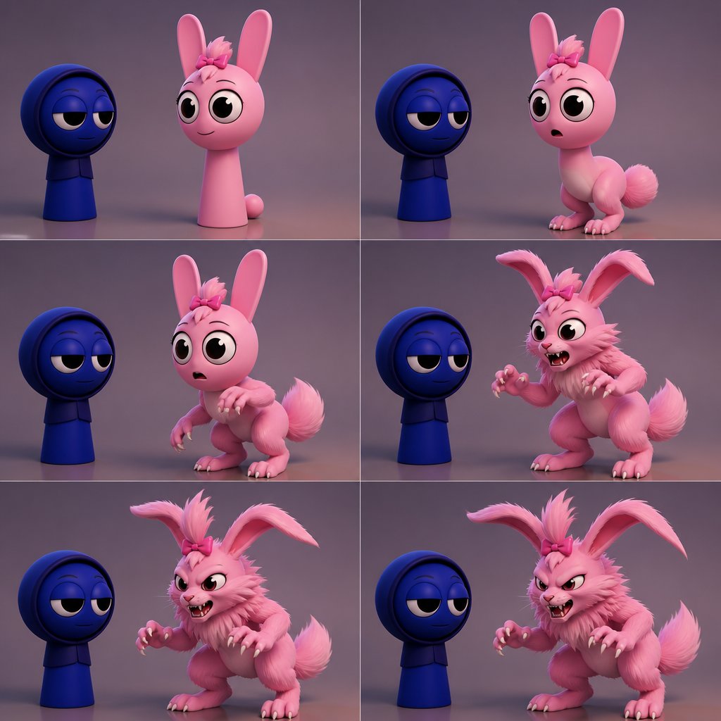 Pinki from Sprunki turning into her kind Wererabbit self in front of Jevin From Sprunki with her legs and tail transforming first and then her arms and then her ears and her neck fluffs up and then her face and the fur on her cheeks stick out the sides with her Pink bow being held by the tuft of hair on her head
